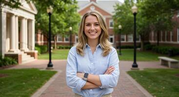 A smiling woman standing in front of a brick building photo