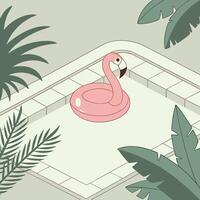 A cartoon flamingo floating in a pool surrounded by plants vector