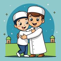 Two muslim boys hugging each other in front of a mosque vector