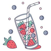 A glass of strawberry juice with a straw and berries vector