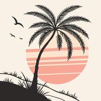 Palm tree and birds on the beach at sunset vector
