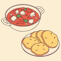 A bowl of soup and some bread on a plate vector