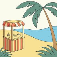 A cartoon of a beach with a stand and palm tree vector