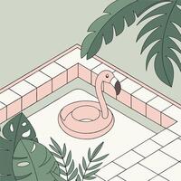 A pink flamingo in a pool surrounded by plants vector