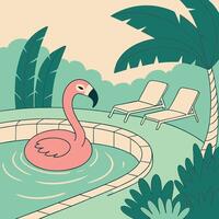 A cartoon flamingo in a pool with lounge chairs vector
