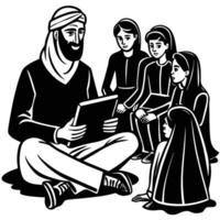 A black and white illustration of a man reading to children vector