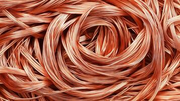 Pile of copper wire scrap, tangled together in chaotic way, with reddish-brown color of copper clearly visible. Copper recycling and its role in conserving resources, reducing photo