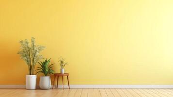An empty yellow wall for copy space in minimalistic interior room, a vibrant and welcoming atmosphere. Three potted plants, carefully placed on the floor and a wooden stool, add natural photo