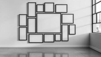 A contemporary interior design arrangement featuring assortment of empty picture frames. These frames, of varying sizes, are meticulously mounted on pristine white wall, mockup frame with photo