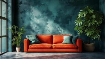 Modern living room with inviting ambiance in biophilic design, a vibrant orange sofa, adorned with teal cushions, positioned against textured green wall with greeny hues, indoor plants in photo
