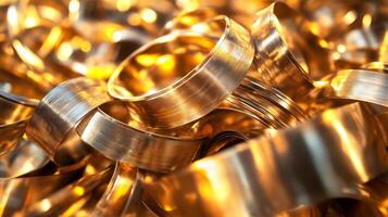Brass scrap metal twisted into loops and curves, reflecting warm golden light. Concept of metal recycling, raw materials, industrial processing, highlighting beauty of repurposed metals photo