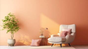 A serene interior biophilic design, soft textures, muted pastels, thoughtful placement of objects create inviting and elegant space, armchair beckons relaxation, while potted plant adds photo