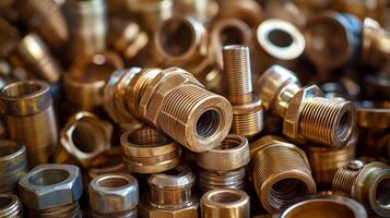 Pile of various brass pipe fittings scrap, showcasing intricate details of threaded connectors, nuts, fittings. Brass scrap commonly found in workshops, recycling facilities, industrial photo