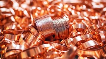 Pile of shiny copper shavings and coiled copper wire, reflecting light and creating rich metallic texture. Ideal for themes related to recycling, metalworking, industrial processes, raw photo