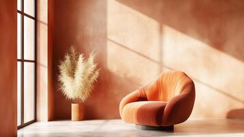Elegant room setting, with natural light that casts soft shadows on textured peachy walls with copy space. Modern, plush orange armchair, complemented by potted ornamental grass adding photo