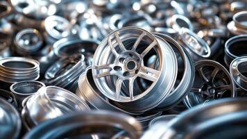 Large pile of automotive scrap, aluminum car rims ready for recycling. Image shows recyclable nature of aluminum scrap and emphasizes its value in recycling, especially in automotive photo