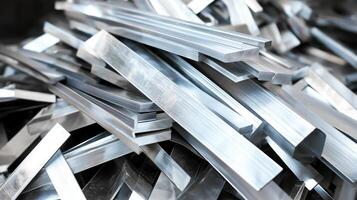 Close-up view of aluminum scrap material for recycling, consisting of long, rectangular bars stacked together. Value of reusing aluminum scrap metals and their role in recycling process photo