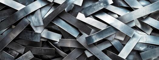 Pile of metal strips, showcasing intricate arrangement of metallic scraps. Strips, having various angles and overlapping shapes, reflect industrial nature of metalworking and recycling photo