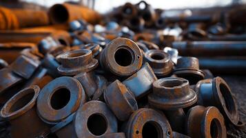 Pile of rusty steel scrap materials, including steel drain parts, flats, and rounded scrap. Value of recycling steel scrap for reuse and its potential for sustainable repurposing in metal photo