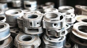 Pile of aluminum engine parts, showcasing texture and details of metal components used in automotive industry. Importance of aluminum recycling scrap, reusing industrial materials for photo