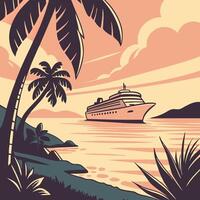 Vintage cruise ship on the ocean with palm trees vector