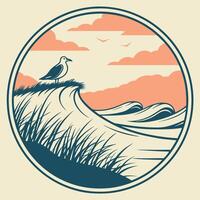 Seagull on the beach with waves and sunset vector
