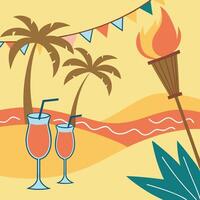 Tropical beach with palm trees and fire vector