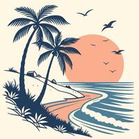 Tropical beach with palm trees and seagulls vector