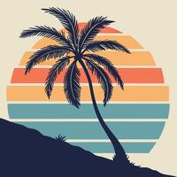 Retro palm tree on the beach with sunset background vector