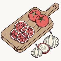 Tomatoes and garlic on a cutting board vector
