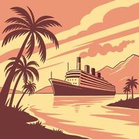 A cruise ship in the ocean with palm trees vector
