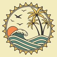 A vintage style illustration of a wave and palm trees vector