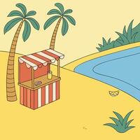 A cartoon of a beach with a stand and palm trees vector