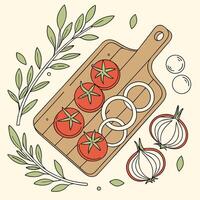 Tomatoes, onions and garlic on a cutting board vector