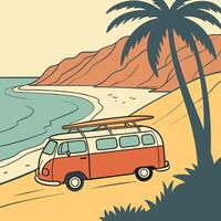A van with surfboard on top is parked on the beach vector