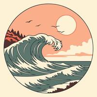 A vintage style illustration of a wave crashing into the ocean vector