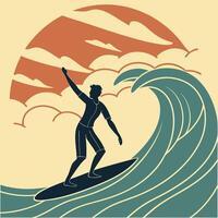 A man surfing on a wave in front of a sunset vector