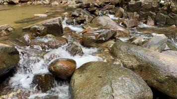 Clear water stream is flowing from up to down and splashing along rocky way in waterfall. video