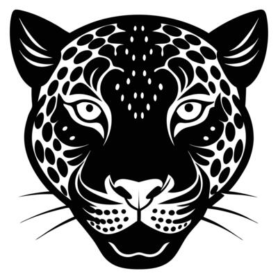 A black and white jaguar head on a white background