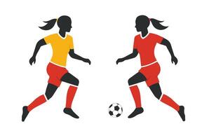 Dynamic illustration of a female soccer player in motion, kicking a ball with determination. Vibrant colors, ponytail flying, uniformed, isolated on white background, symbolizing teamwork, fitness vector