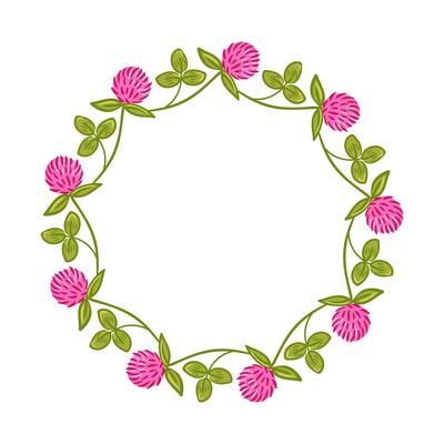 A beautifully designed illustration of a red clover wreath, featuring lush blossoms and vivid green leaves. This decorative piece embodies a natural, vibrant aesthetic perfect for various