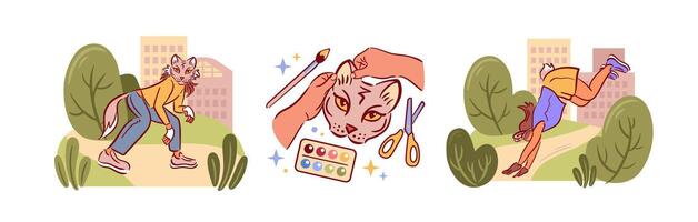 Quadrobics. creative exercises inspired by nature. masked girl with a tail in a illustration. Creative art, handmade cat mask using craft materials, fun aesthetic expression. vector
