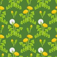 A captivating pattern featuring vibrant dandelions set against a lush green background. The lively design highlights the cheerful blooms and fluffy seed heads, for adding a touch of natures beauty vector