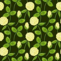 A seamless pattern featuring white clover, showcasing its unique three-leaf clusters and small white flowers. The design captures the essence of nature, creating a fresh and lively atmosphere vector