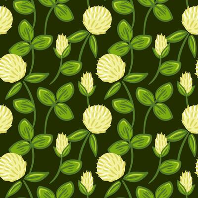 A seamless pattern featuring white clover, showcasing its unique three-leaf clusters and small white flowers. The design captures the essence of nature, creating a fresh and lively atmosphere