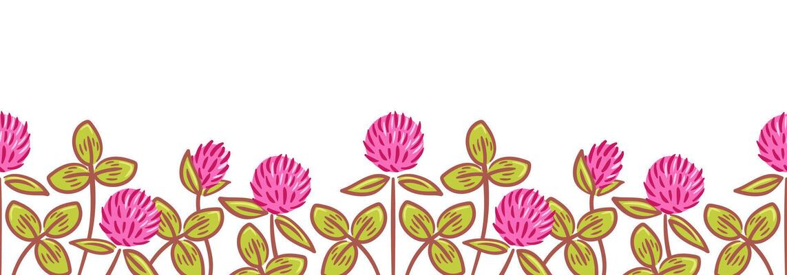 A horizontal border design featuring exquisite red clover flowers intertwined with lush green foliage. This charming illustration adds a vibrant touch to any project, perfect for invitations, cards