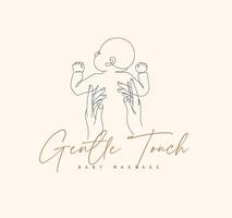 Baby massage studio label with lettering gentle touch drawing in minimalist style with pastel color vector