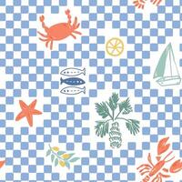 Blue summer checkered seamless pattern with lobster, crab, sardines, lemon, palm tree. Mosaic wallpaper, tropical vacation background, cute textile design, Mediterranean wrapping paper, print vector