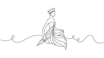 Elegant Continuous Line Art of a Queen with Flowing Dress and Crown vector