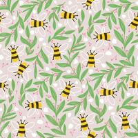 Seamless pattern with flat cute bees and floral elements. Hand-drawn nature background with flying honeybees, leaves, and pink flowers. Perfect for fabric, wrapping paper, and textile design. vector